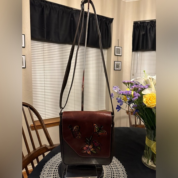 Leather CrossBody Hand Tooled and Painted with Butterflies and Flowers NWOT - Picture 1 of 12